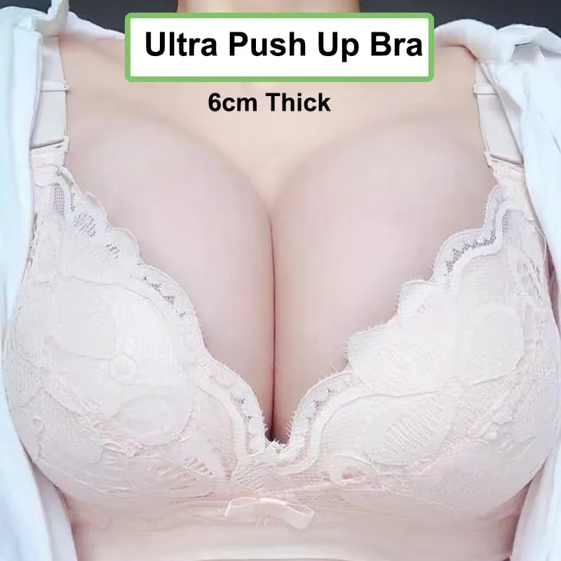 Ultra-Thick Push Up Bra 12cm Thick Cup Lace Gathered Wireless Bra Side Support Full Coverage Lingerie for A/B Cups