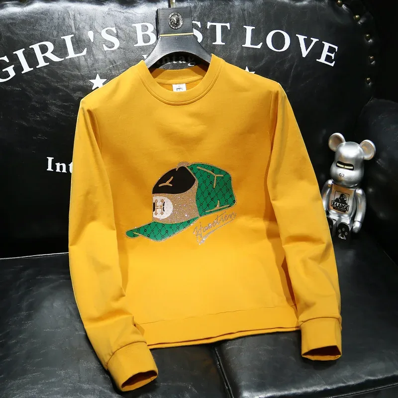 Round Collar Men's Pullover New Male Hoodies Personalized Hat Hot Diamond Print Fashionable Top Youth Bottoming Shirt Clothing — image 3
