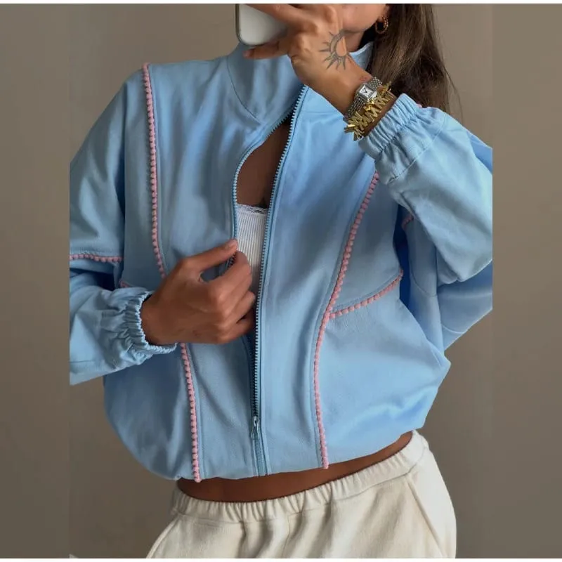 Polka Dot Cropped Windbreaker Jacket Contrast Pink Seam Piping Side Pockets Loose Outerwear 2026 Autumn Street Daily Lady Coat — image 8