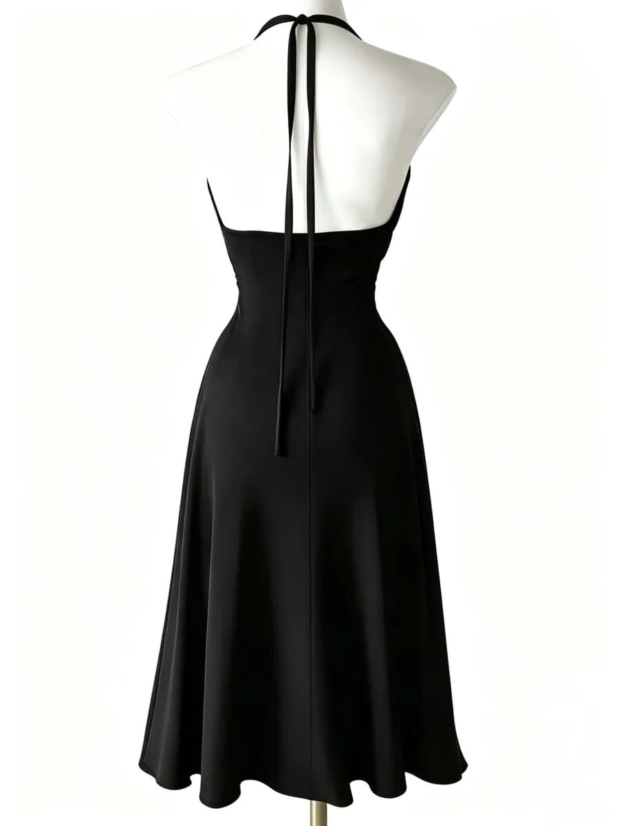 Atmospheric and Stylish Little Black Dress with Thin Halter Neck Deep V-Neck Waist-Cinching Design High Slits on Both Sides and a Flowing Slimming Long Gown — image 2