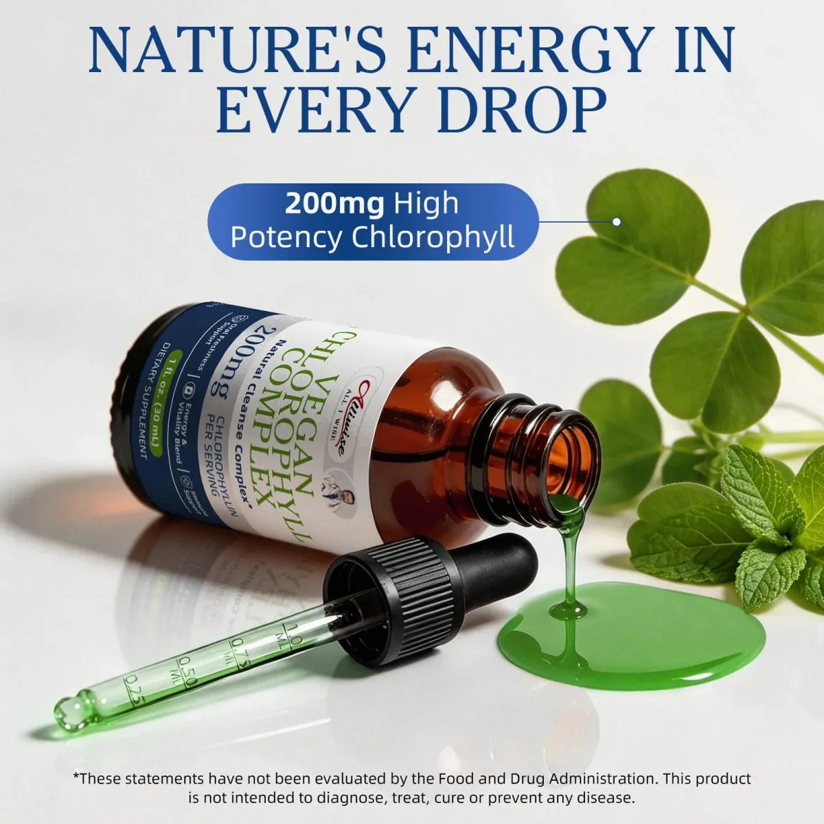 Alliwise 200mg High Potency Chlorophyll Drops for Enhanced Immunity Digestive Health Antioxidant Parsley + Vitamin C Nourishes
