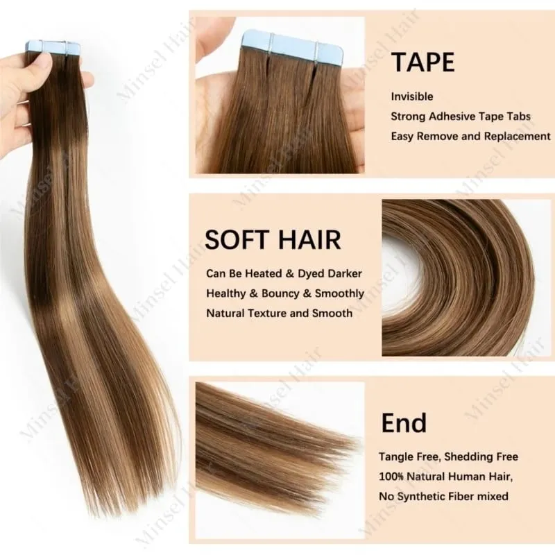 Remy Tape in Hair Extension Real Human Hair Ombre Brown Blonde Black Thick &Silky 20/40/60pcs No Frizzy No Tangle Salon Quality