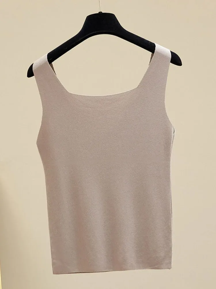 Summer Off Shoulder Tank Tops Women Fitness Short Camis Vest Female Knitted Sexy Square Collar Solid Crop Tops
