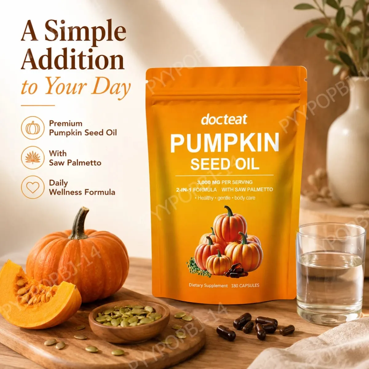 Docteat Pumpkin Seed Oil na may Saw Palmetto Capsules 2-in-1 na Formula para sa Prostate at Bladder Function Support 180 Capsules — image 2