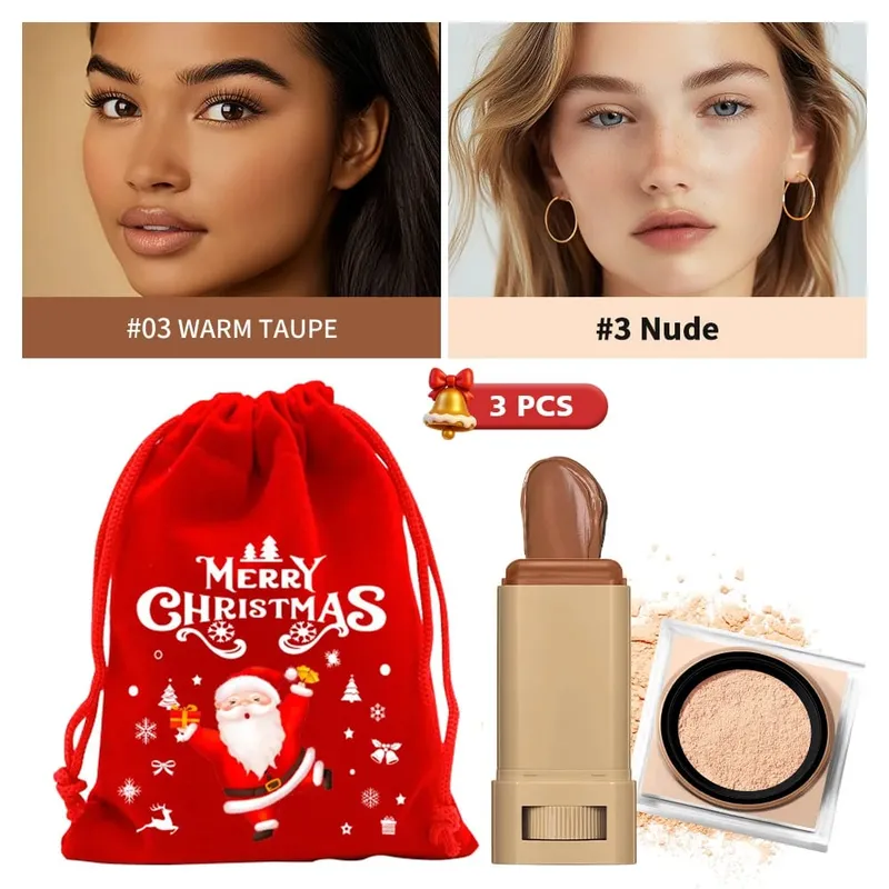Foundation Stick & Loose Setting Powder Water-Resistant Longwear Full Coverage Oil-Control Beginner Makeup Set Christmas Gift