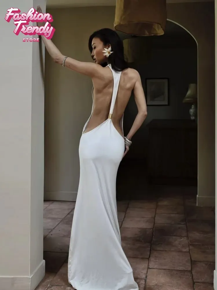 Solid Halter Backless Maxi-jurk met uitsnijding aan de zijkant Dames Stretch Jersey Vloerlengte Slanke bodycon-jurken Nachtclub Vakantiegewaad — image 6