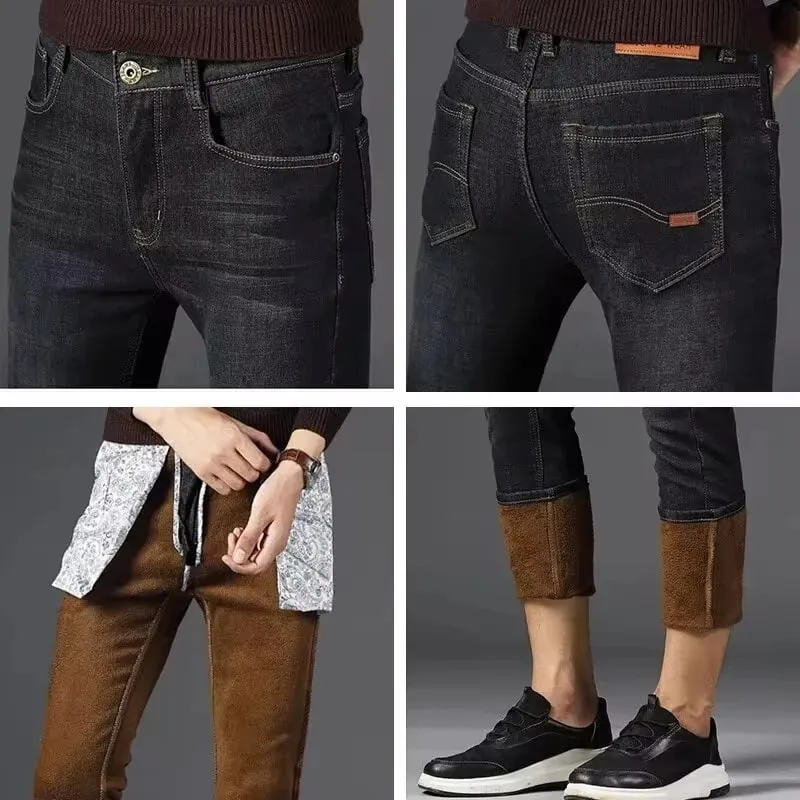 Men's Reflective Fleece-Lined Jeans - Thick Warm Lining Durable Denim & Reflective Trim Safe for Winter Night Commute & Casual