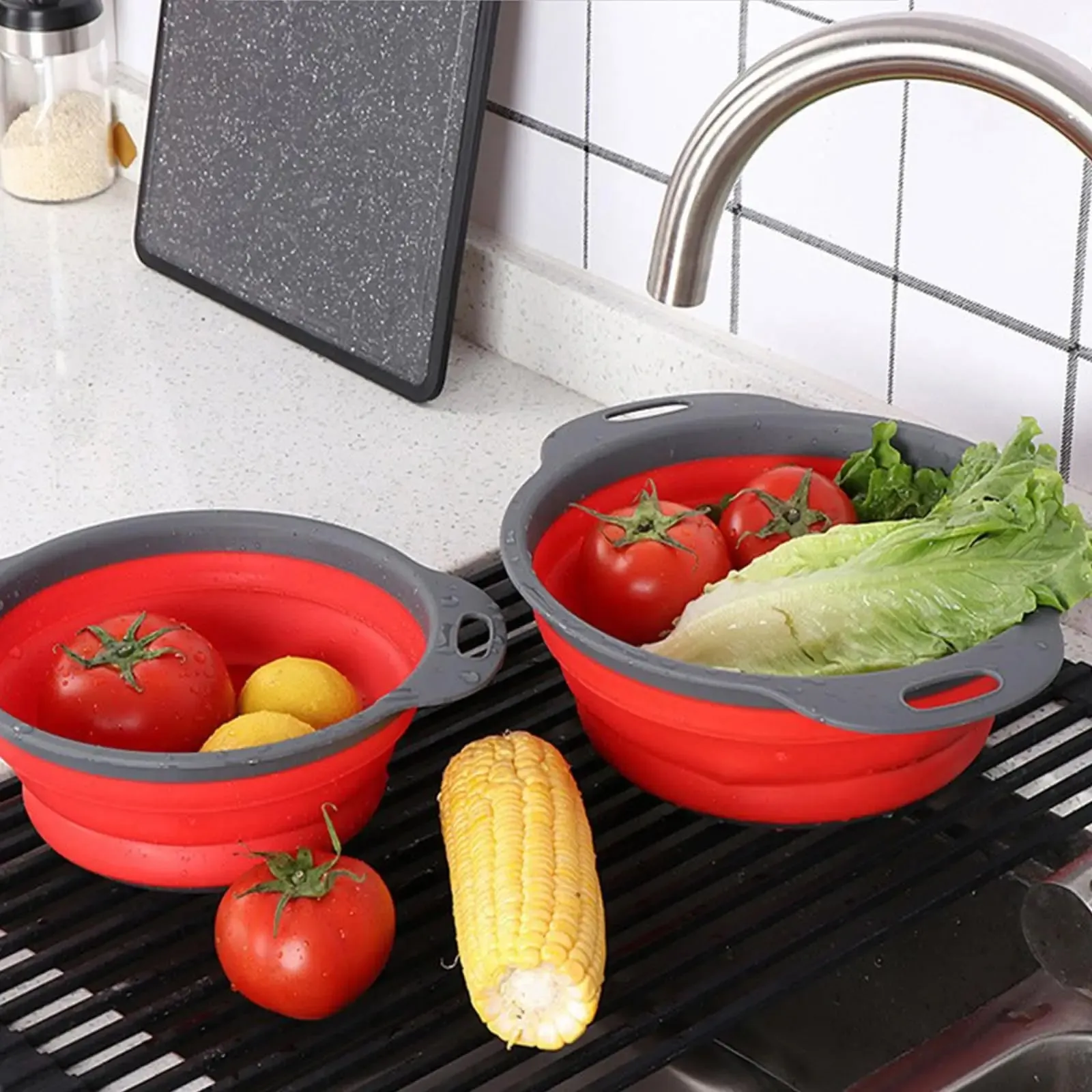 Penapis Dapur Set Penapis 2PCS Penapis Makanan untuk Dapur Boleh Dilipat Colander dengan Pemegang Plastik untuk Pasta dan Spaghetti