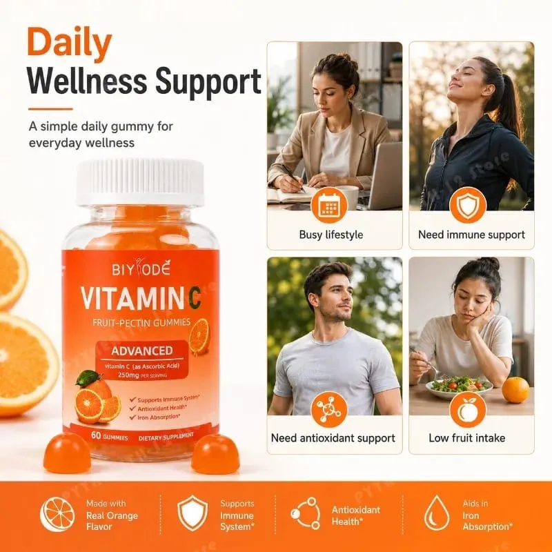 Vitamin C Gummies 250mg with Vitamins A and E Orange Fruit Pectin Chewables 60 Count Daily Nutrition for Adults Men & Women