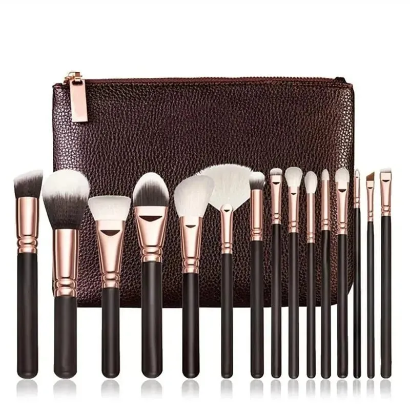 15 Brown/Black Brushes Loose Powder Blusher Eye Shadow Eyebrow High Gloss Makeup Brush