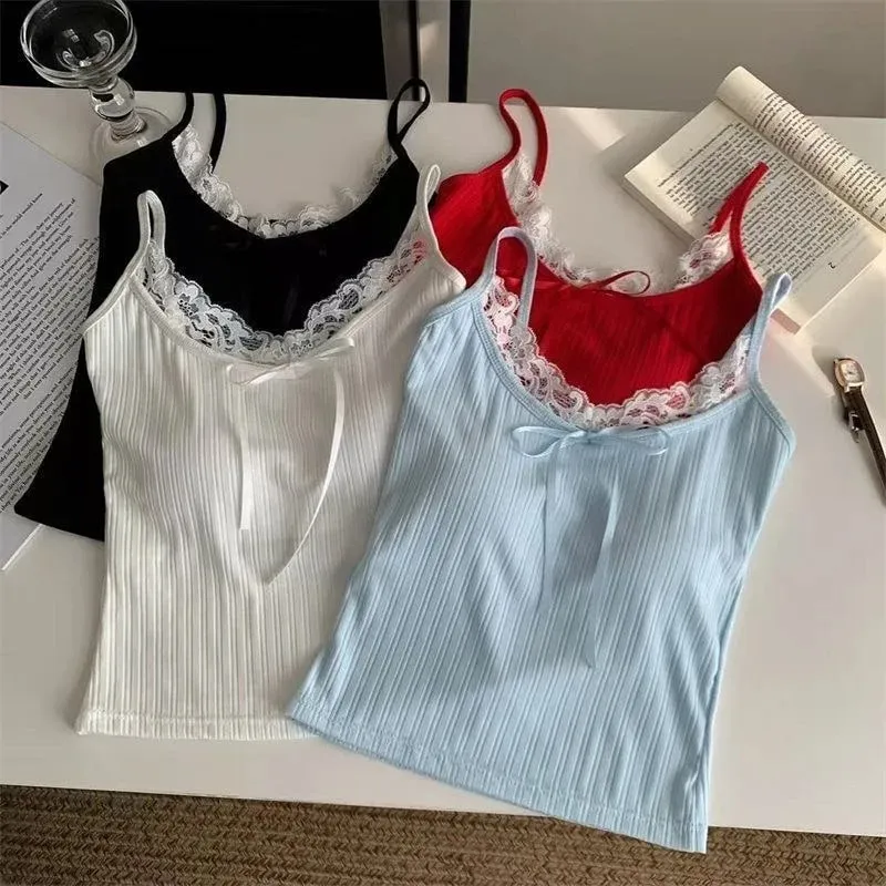 Sexy Patchwork Lace Trim Camis Top Sweet Casual Slim Solid V-Neck Sleeveless Cute Tank Tops Women 2025 Summer Streetwear Lady
