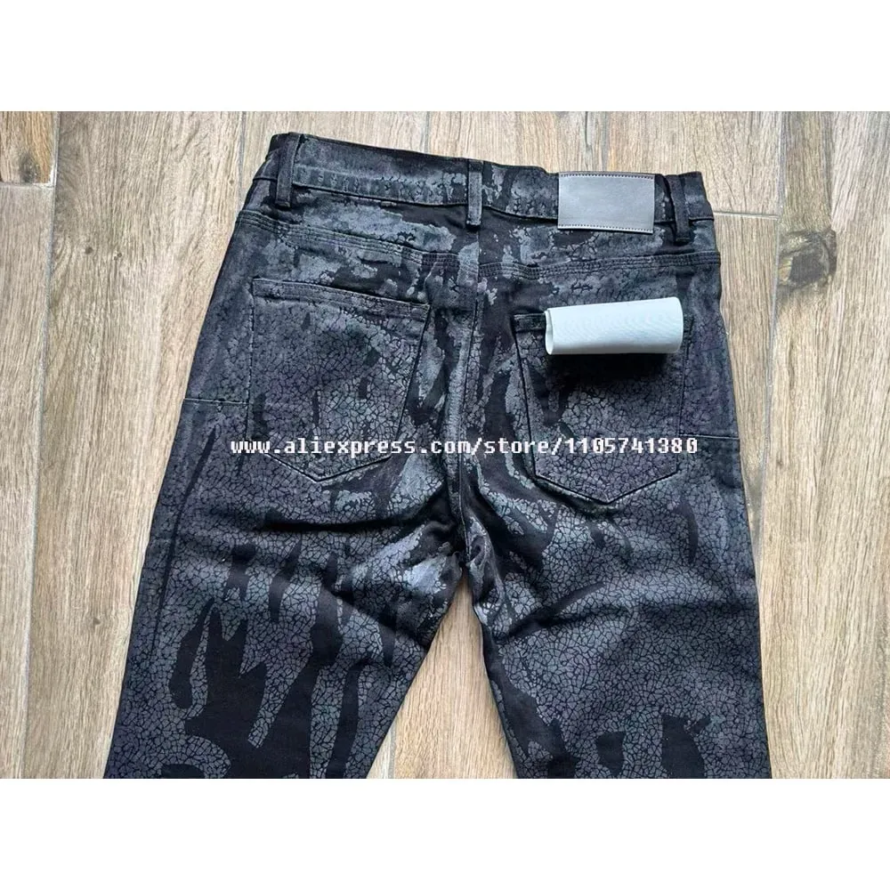 Men's High Street American Fashion Distressed Black Crackle Paint Foil Stretch Skinny Button Fly Ripped Jeans Pants — image 4