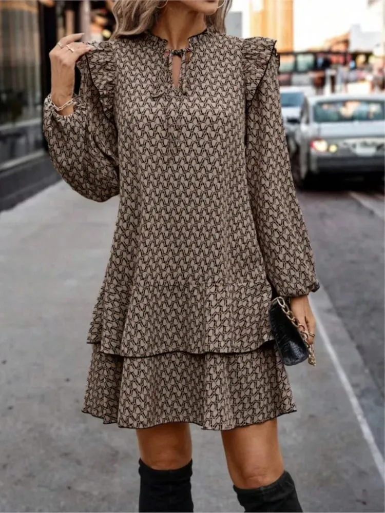Fashion Print Ruffles Dress Women Casual Long Sleeve Lace-up Pullover Loose Dresses Lady Elegant Holiday Office Skirts Clothes
