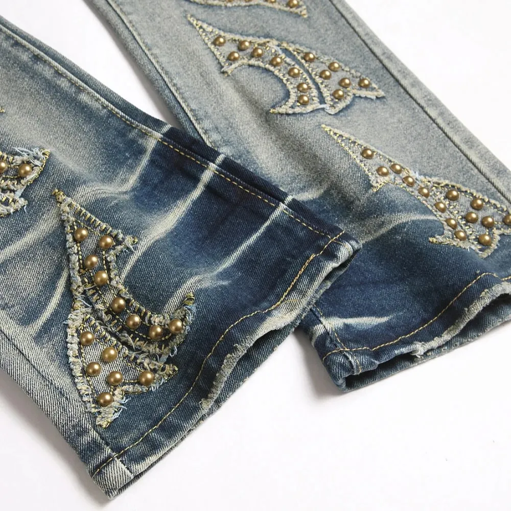 Men Slim Boot Cut Denim Jeans Punk Rivet Patch Stretch Pants Streetwear Blue Flared Trousers — image 5