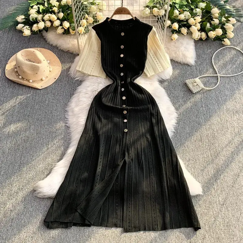 YuooMuoo ชุดสตรี 2026 ฤดูใบไม้ผลิและฤดูร้อน Elegant Patchwork One ชิ้นถักชุด Maxi Office Lady Slim เอวเสื้อกันหนาวชุด