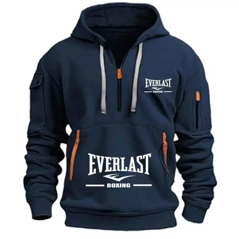 Men's Fashion Casual Hoodie Multi-pocket Sports Long-sleeve Sweatshirt Up Down Print Warm Half Zip Hooded Fitness Pullover Good