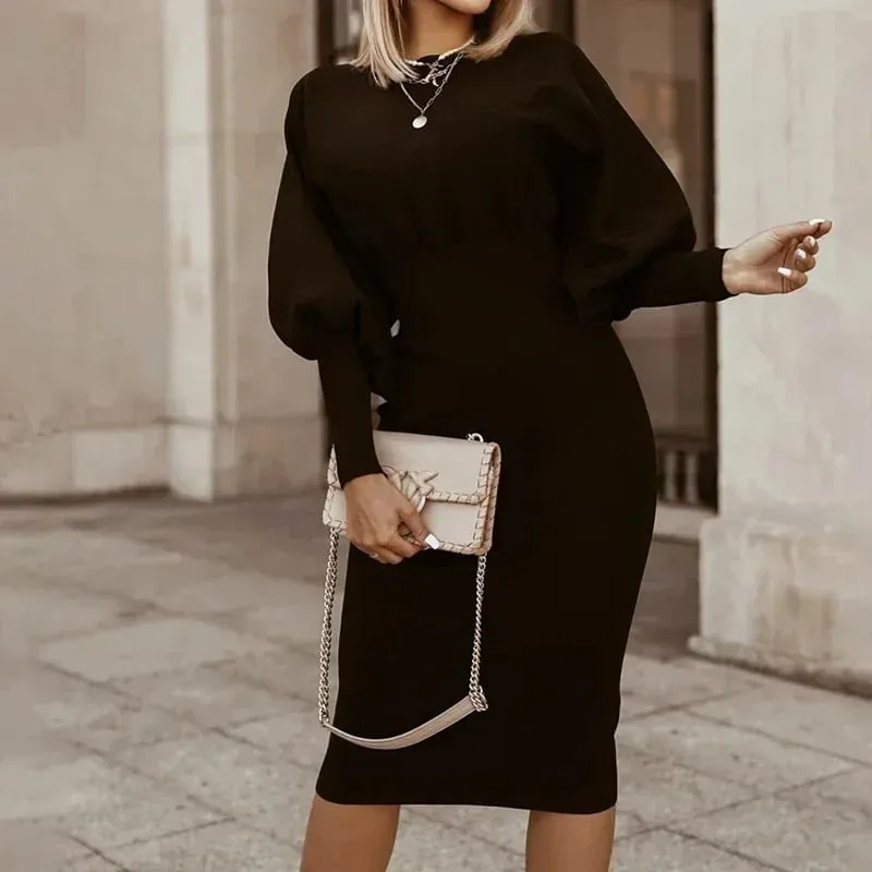 Damskie eleganckie sukienki biurowe z rękawami typu lampion, damskie O Neck obcisła sukienka jesienno-zimowa solidna sukienka Midi 2024 Vestidos