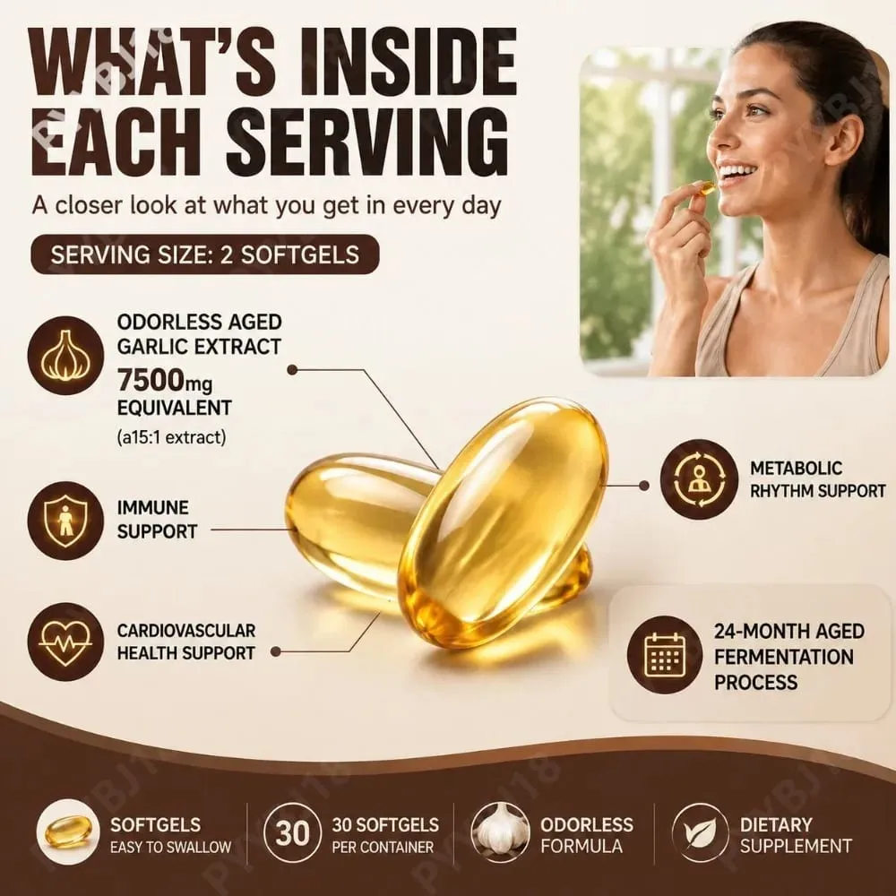 Odorless Aged Garlic Extract Softgels 7500mg 24-Month Fermented herbal Botanical Formula Cardiovascular Immune Support 30 Count