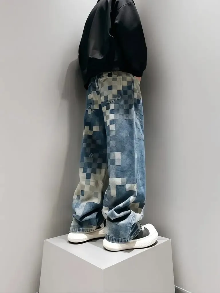 Y2k Streetwear Plaid Baggy Jeans Men Straight Wide Leg Loose Pants Fashion Hip Hop Washed Vintage Denim Pants Trousers
