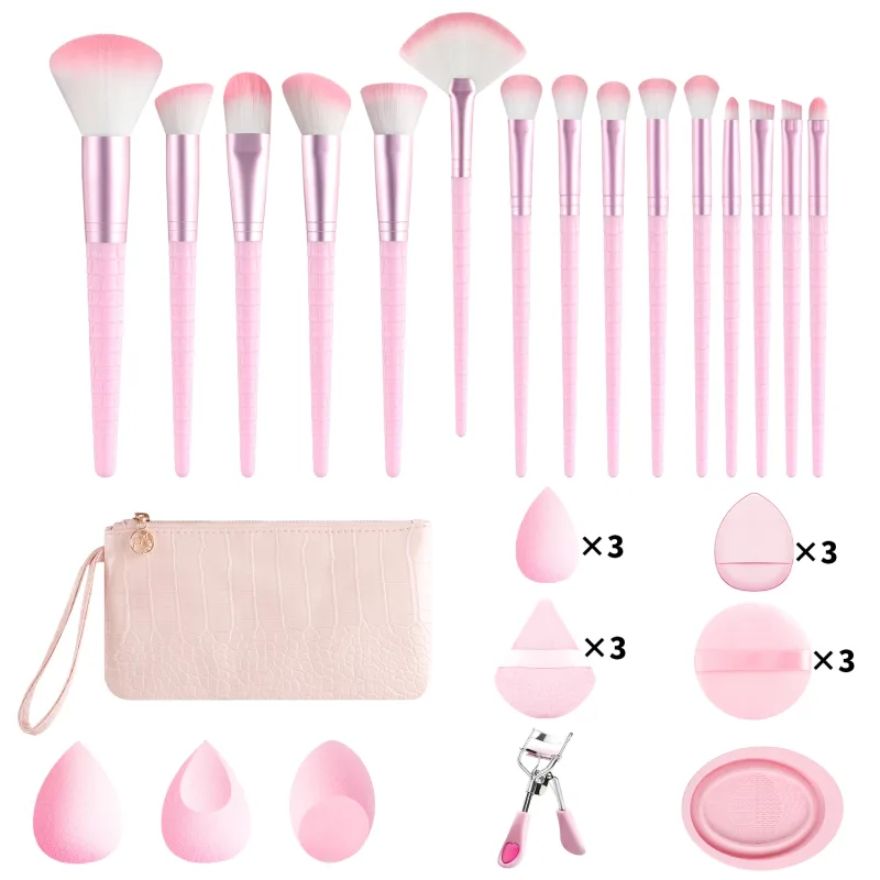 33Pcs All In One Makeup Tools Set 15 Brushes Beauty Sponges Powder Puff Eyelash Curler With Storage Bag For Full Face Makeup