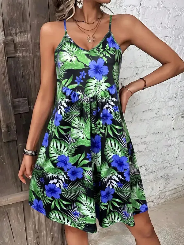 Summer Vacation Style Print V-Neck Spaghetti Strap Dress Camisole Dress for Vacation Outfits Bohemia Dresses for Women Summer