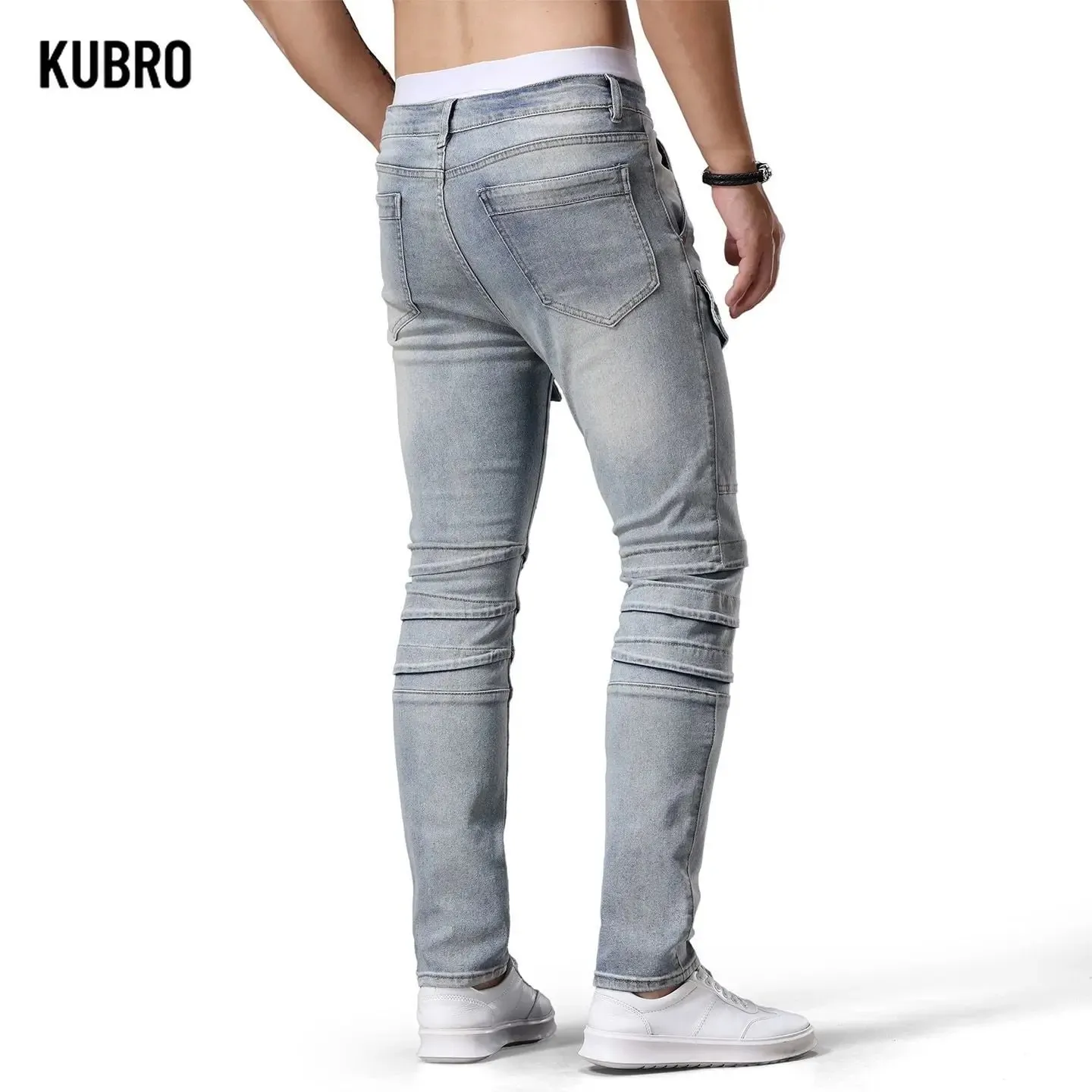 Retro Motorcycle Denim Jeans Men's Trending Patchwork Handsome Slim Fit Long Pants Fashion Board Straight Leg Jeans Denim Pants