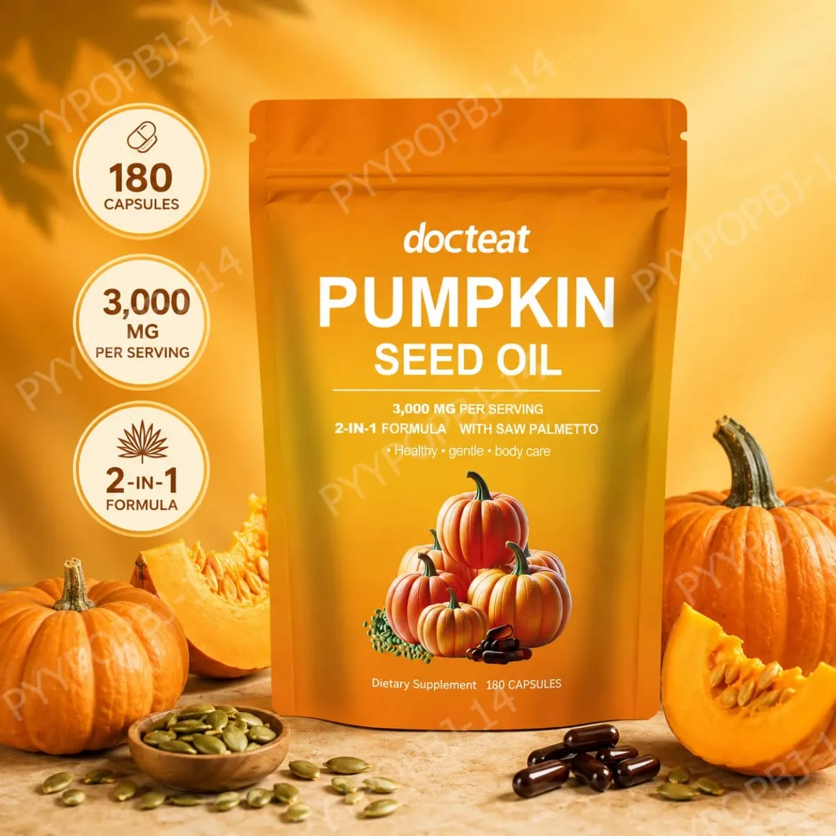 Docteat Pumpkin Seed Oil na may Saw Palmetto Capsules 2-in-1 na Formula para sa Prostate at Bladder Function Support 180 Capsules — image 1