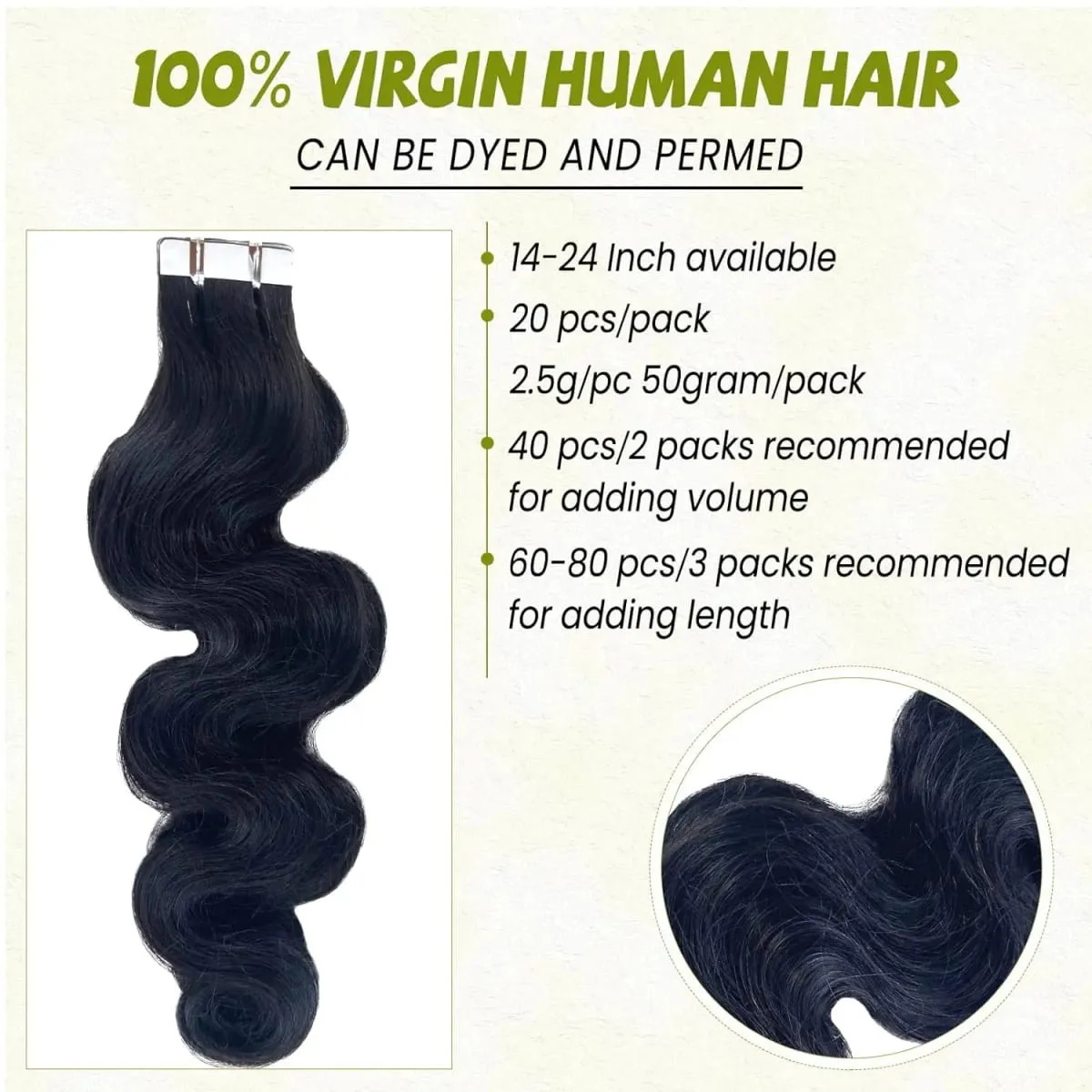 Tape In Hair Extensions Real Human Hair Body Wave 100%Human Fusion Hair 2.5g/strand 20pcs/pack Natural Human Hair Extensions 1b