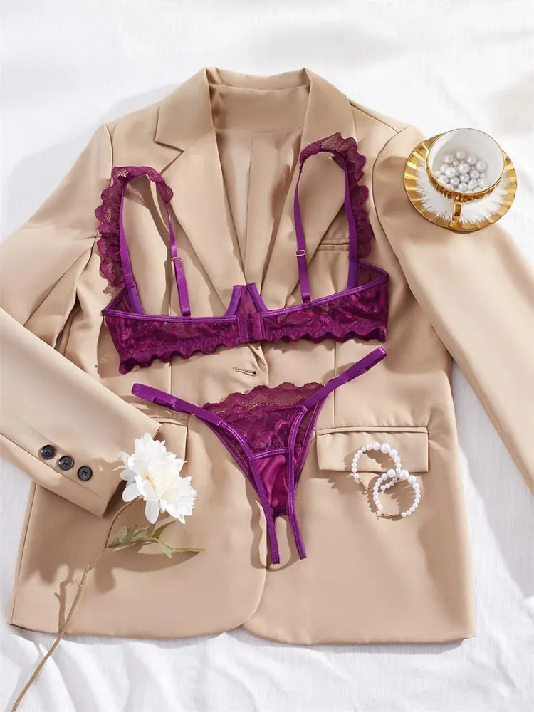 Women's Lingerie Ultra Sexy Open Bra Thong Sets Romantic Lace Underwear Hollow Ultra Thin Lingerie Set Intimate Erotic Lingerie