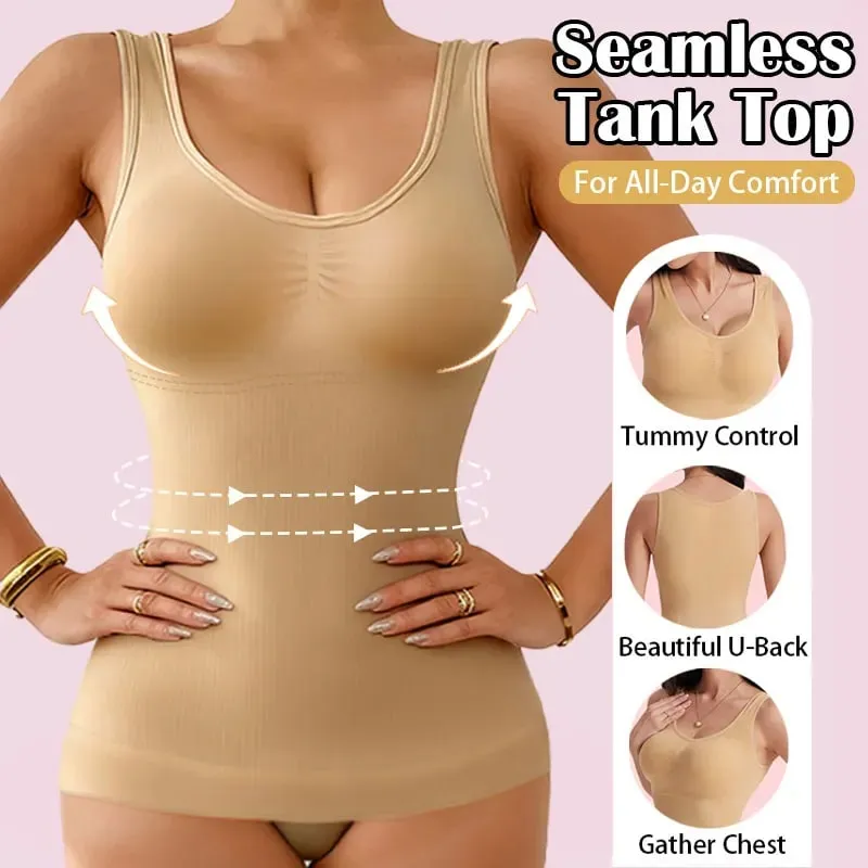 Women Tummy Control Shapewear Classic 2-IN-1 With Padded Bra High Elastic Vest Body Shaper Up Lift Corset Cami Tank Tops 3Colors