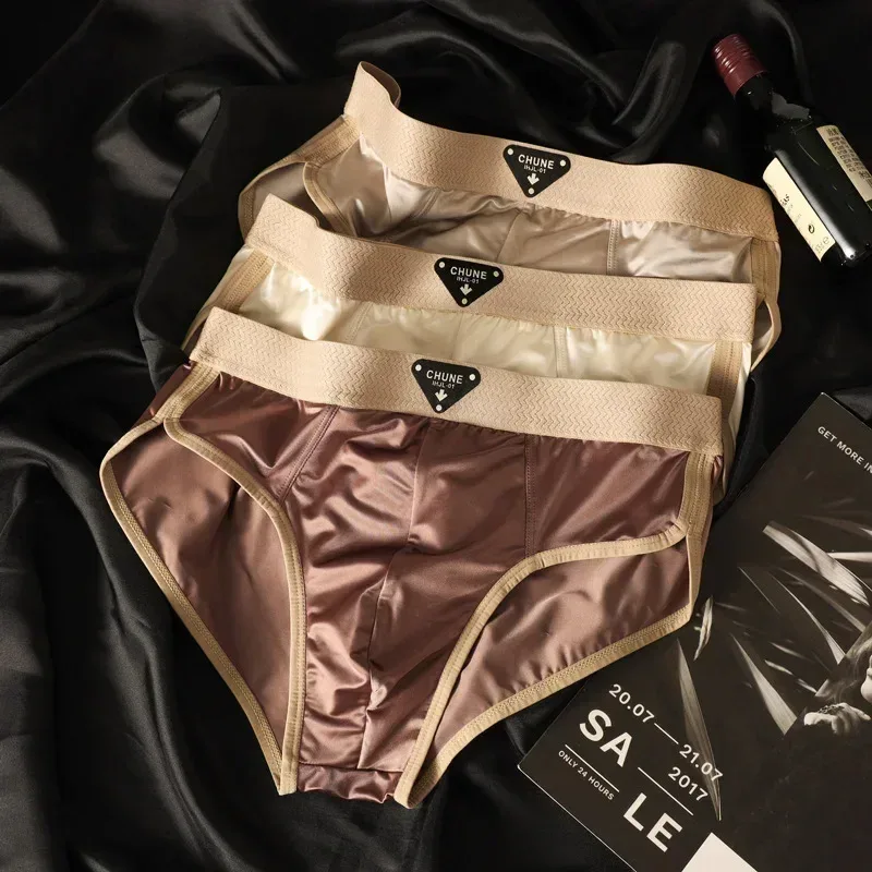 Slips en soie glacée pour hommes, sous-vêtements semblables à du Satin, sous-vêtements d'été respirants à séchage rapide, sous-vêtements Sexy avec pochette en U, 1/3 pièces