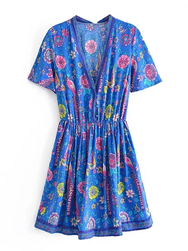 Vintage Chic mujeres Pavo Real estampado Floral profundo cuello pico bohemio Mini Vestidos señoras manga corta Happie playa Boho Vestidos
