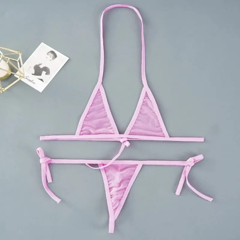 Sexy Mini Bra Sets Wirefree Ultra-thin Mesh Unlined Bra Brief Set Black Transparent 2 Pieces Halter Women's Exotic Lingerie Sets