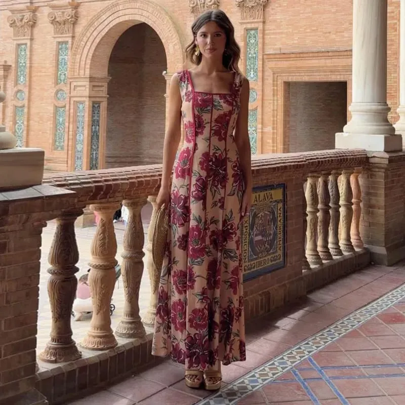 Gaun Panjang Kerah V Motif Wanita Gaun Maxi Slim Fit Pinggang Tinggi Tepi Daun Teratai Lengan Menyala Gaun Pesta Malam Elegan Wanita