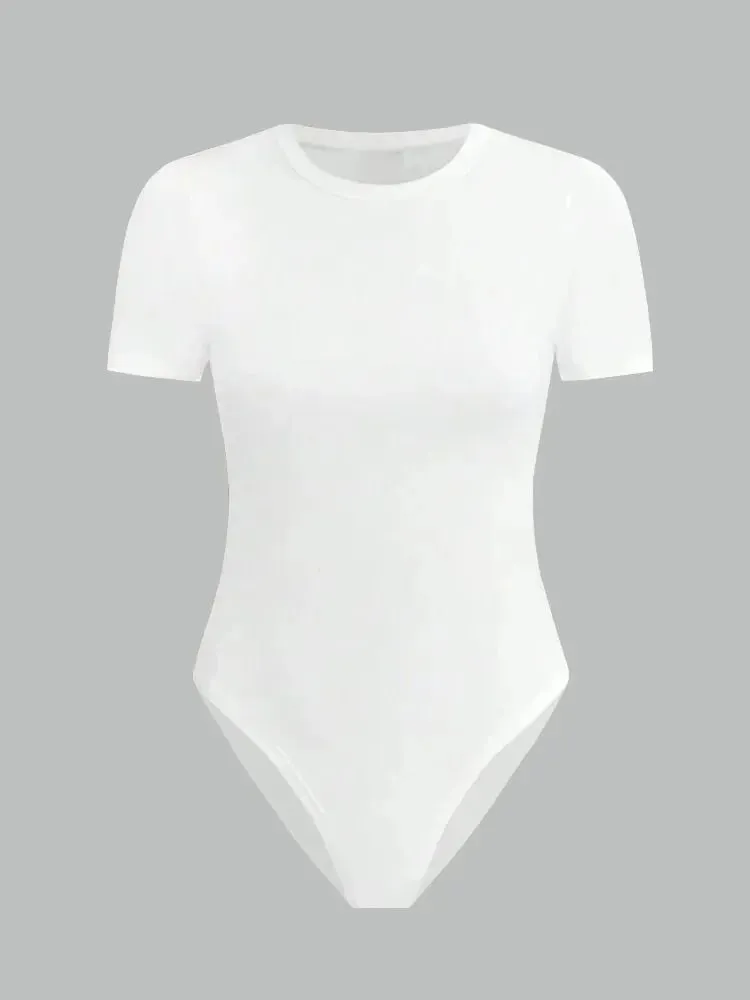 Solid Basic Short Sleeve Bodysuit for Women Summer Round Neck Bodycon Romper Bodysuit Blouse Streetwear — image 2