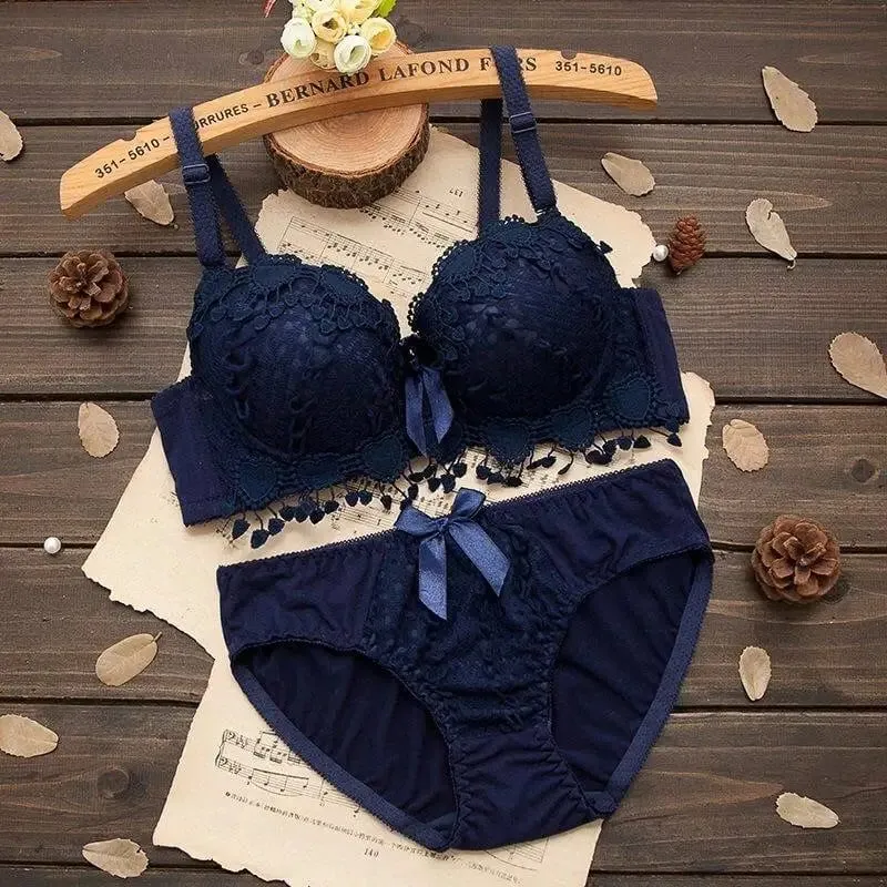 Underwire Women Lingerie Set Tassel Lace Push‑Up Bra With Removable Pads Bow Soft Multi‑Color Comfort Ladies Intimate Underwear