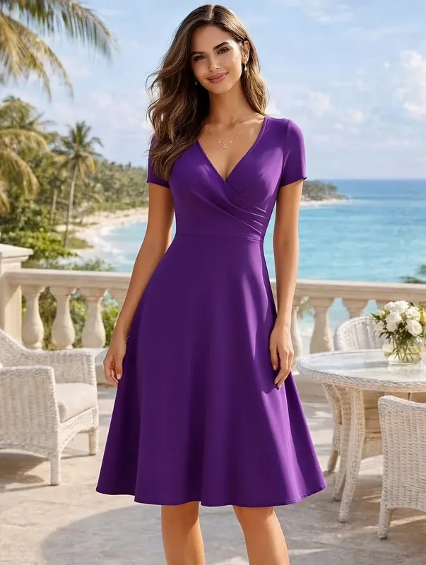 Damen-Kleid, elegant, Rundhalsausschnitt, Sommer, kurzärmelig, einfarbig, A-Linie, knielang, Kleid mit hoher Taille, für Party, Hochzeit, lässiger Abgang