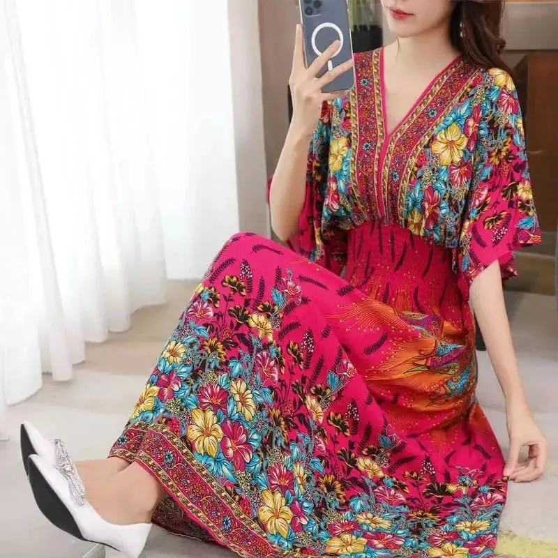 Casual Elegant Retro Bohemian National Style V-neck Elastic Waist Large Swing Printed Summer Long Skirt Woman Dress Clothes