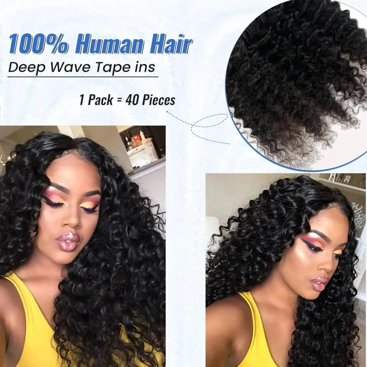 Deep Water Wave Tape In Hair Extensions Natural Black Remy 100% Human Hair 20pcs/50g Curly Tape ins Invisible Adhesive Seamless