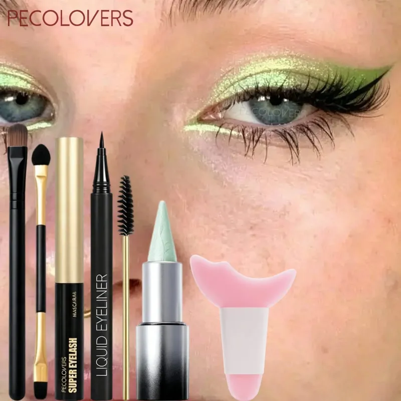 7PCS/Set Green Eyeshadow Stick + Black Eyeliner + Mascara + Brush Set - Waterproof Pearlescent Creates Stunning Eye Makeup