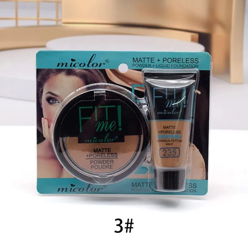 Micolor Fit Me 2 IN 1 Poreless Powder & Liquid Foundation Full Coverage Liquid Concealer Scars Dark Circles Acne Cosmetic Set