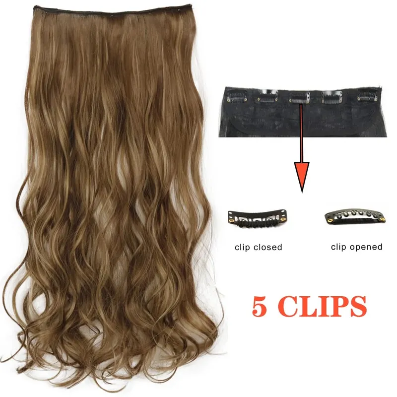 Synthetic Long Wave 5 Clips Hair Extensions Clips in High Temperature Fiber Black Brown Hairpiece