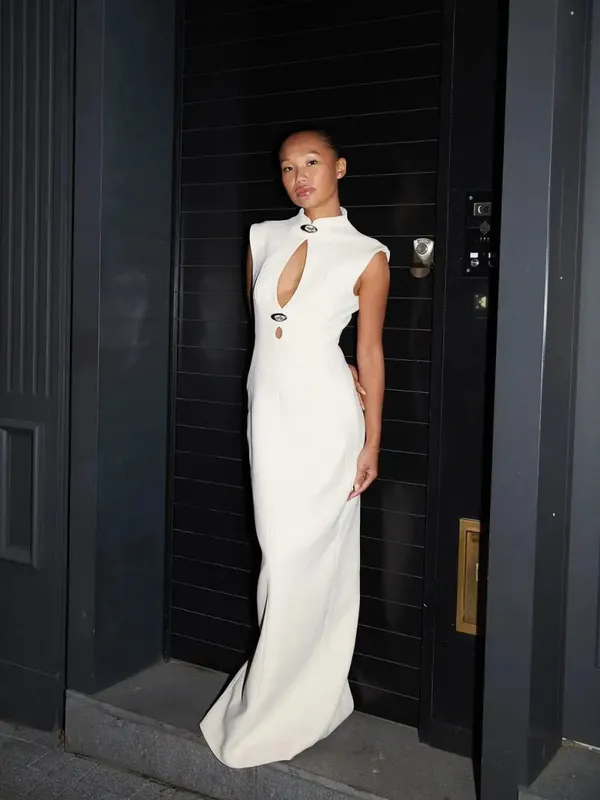 Women Solid Hollow Out Dresses Elegant Round Neck Full Sleeve Waisted Bodycon A-line Vestidos 2026 Lady Daily High Street Gowns