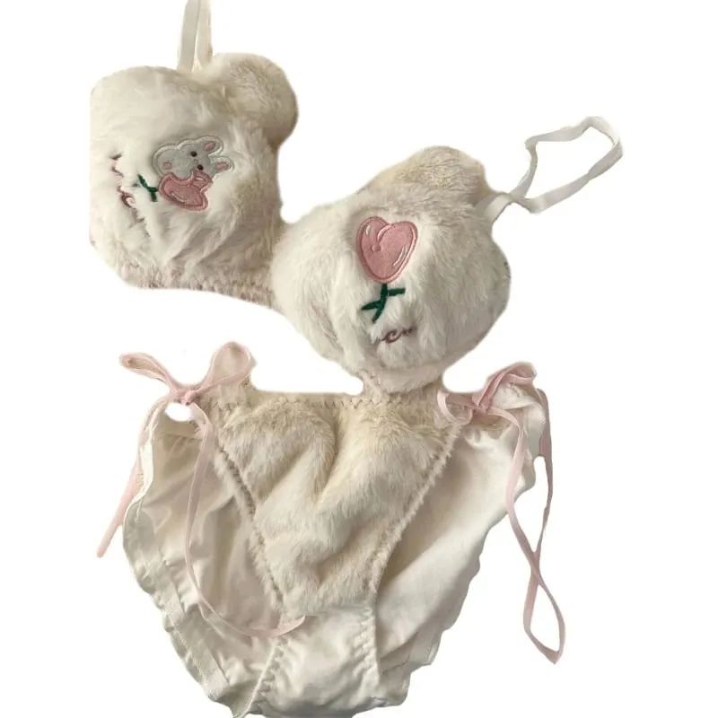 Lingerie invernale da donna con motivo panda a cartoni animati, reggiseno e mutandine in peluche peloso, biancheria intima per cosplay di anime giapponesi, scolaretta