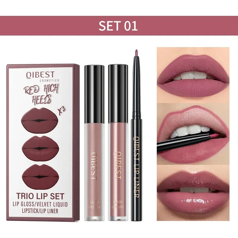 Matte Liquid Lipstick&Lip Liner&Lip Gloss 3Pcs Sets Long Lasting Non-stick Cup Red Black Purple Lip Tint Cosmetics Kits — image 11