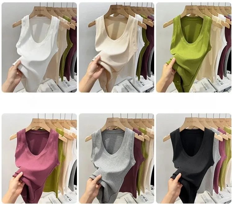 2026 Summer Basic Elastic Tank Top Women Solid Low Round Neck Ribbed Camisole Korean Style Versatile Slim Tanks & Camis