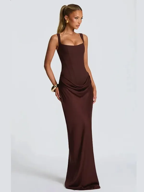 Solid Sexy Pleated Strapless Dress Women Chic Off-shoulder Backless High Waist Split Maxi Dresses 2026 New Evening Party Gown