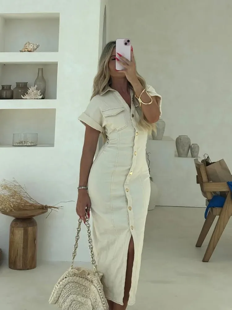 White Single Breasted Denim Dress Elegant Short Sleeve Lapel Bodycon Women's Dresses 2026 Summer Lady Chic Commute Street Robes