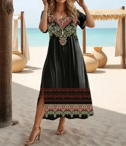 Ethnic Bohemian floral print casual vacation short-sleeved large-size dress — image 6