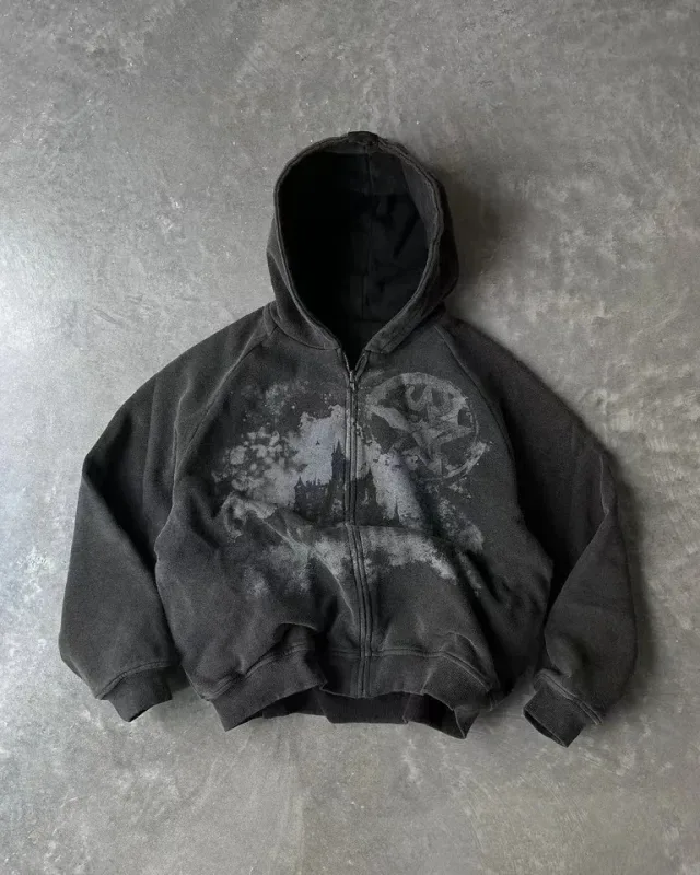 Mens Zip Up Hoodie สีน้ำเงินเข้มปีกพิมพ์กราฟิกที่ไม่ซ้ำกัน Y2K Streetwear American Urban เสื้อสวมหัวเสื้อผ้าเยาวชน Hooded Sweatshirt